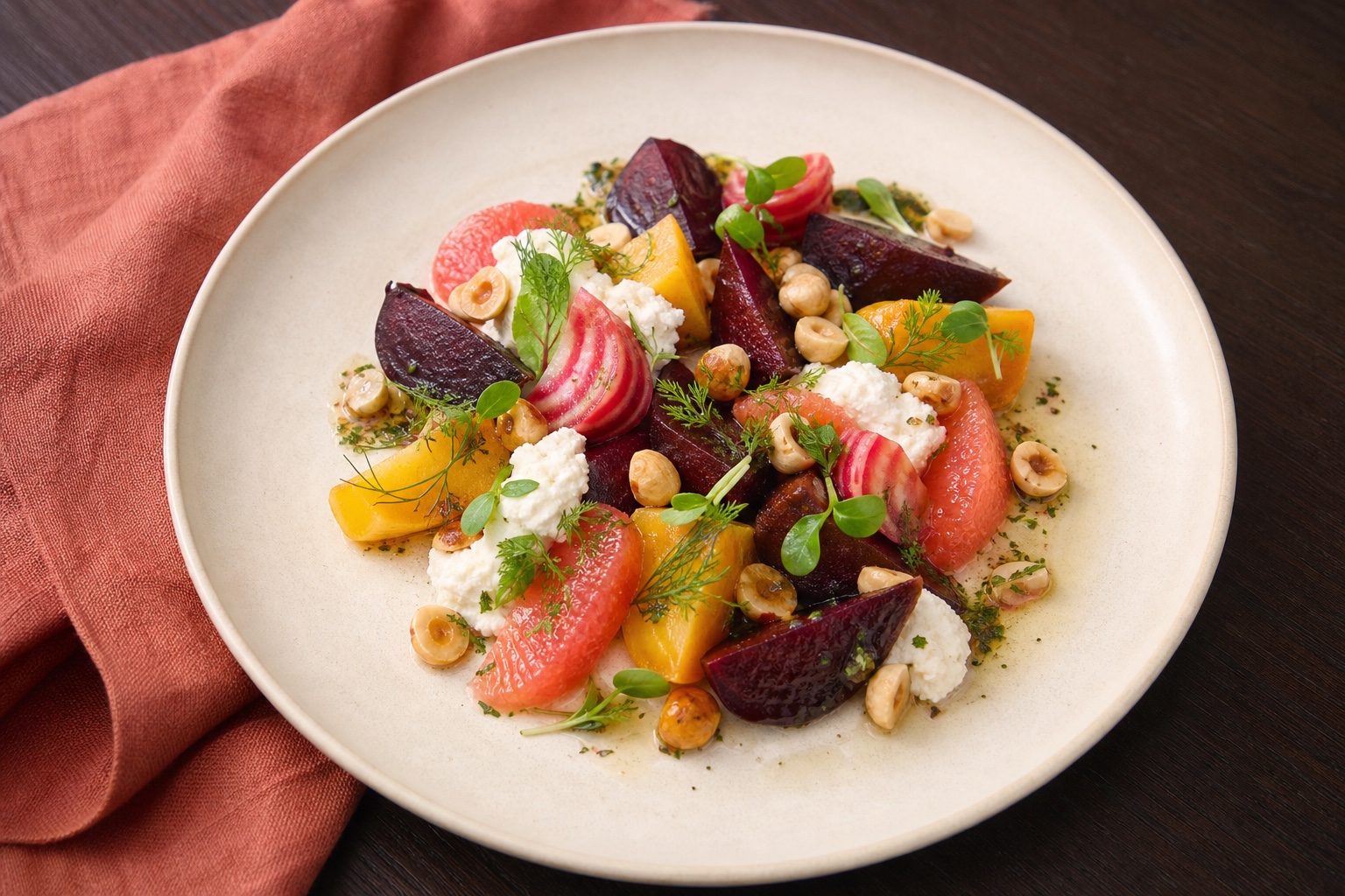 Roasted red and golden beets with citrus, soft cheese, hazelnuts, and herbs