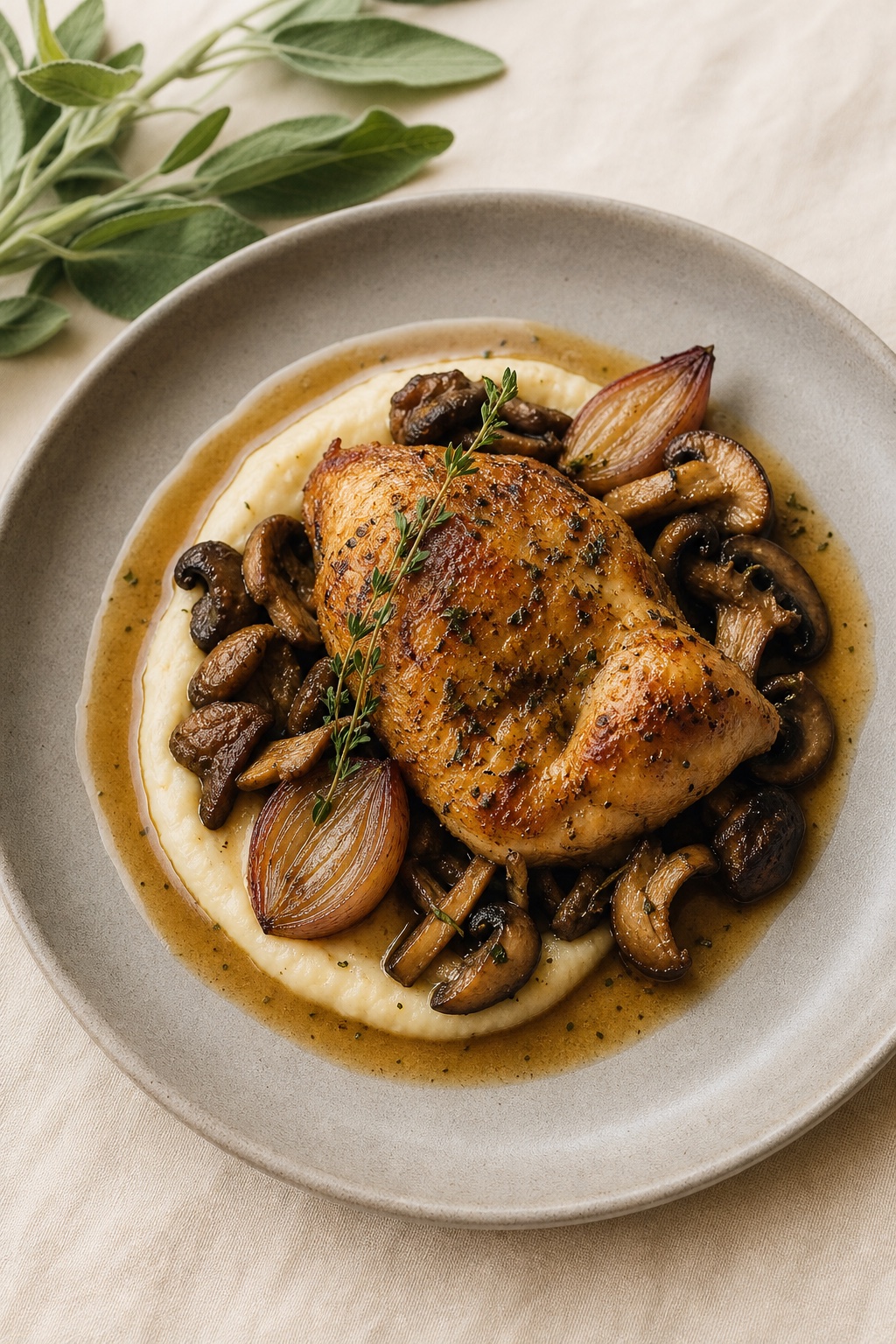 Herb-roasted chicken with mushrooms and whipped potatoes